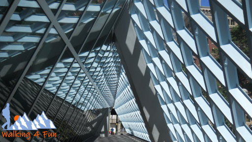 A blue lattice creates an interesting pattern marking the entrance of the library